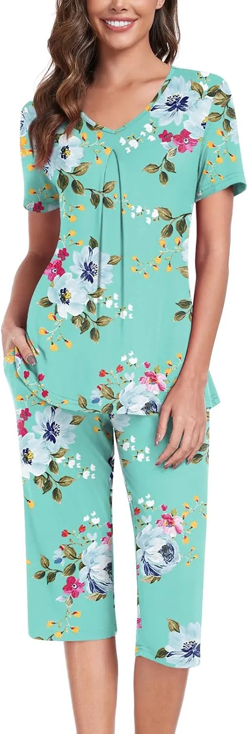 Anyally Women's Summer Capri Pajama Set Short Sleeve Shirt and Pajama Pants 2 Piece Ladies Pjs Sets
