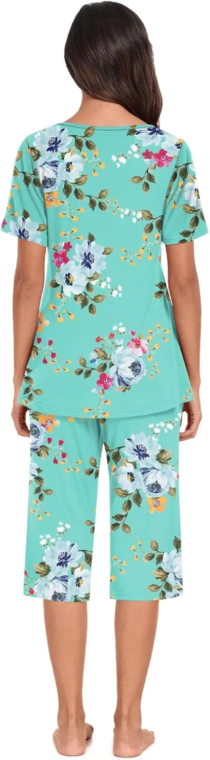 Anyally Women's Summer Capri Pajama Set Short Sleeve Shirt and Pajama Pants 2 Piece Ladies Pjs Sets