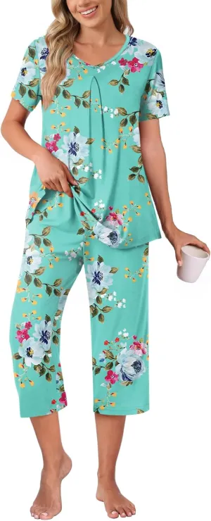 Anyally Women's Summer Capri Pajama Set Short Sleeve Shirt and Pajama Pants 2 Piece Ladies Pjs Sets