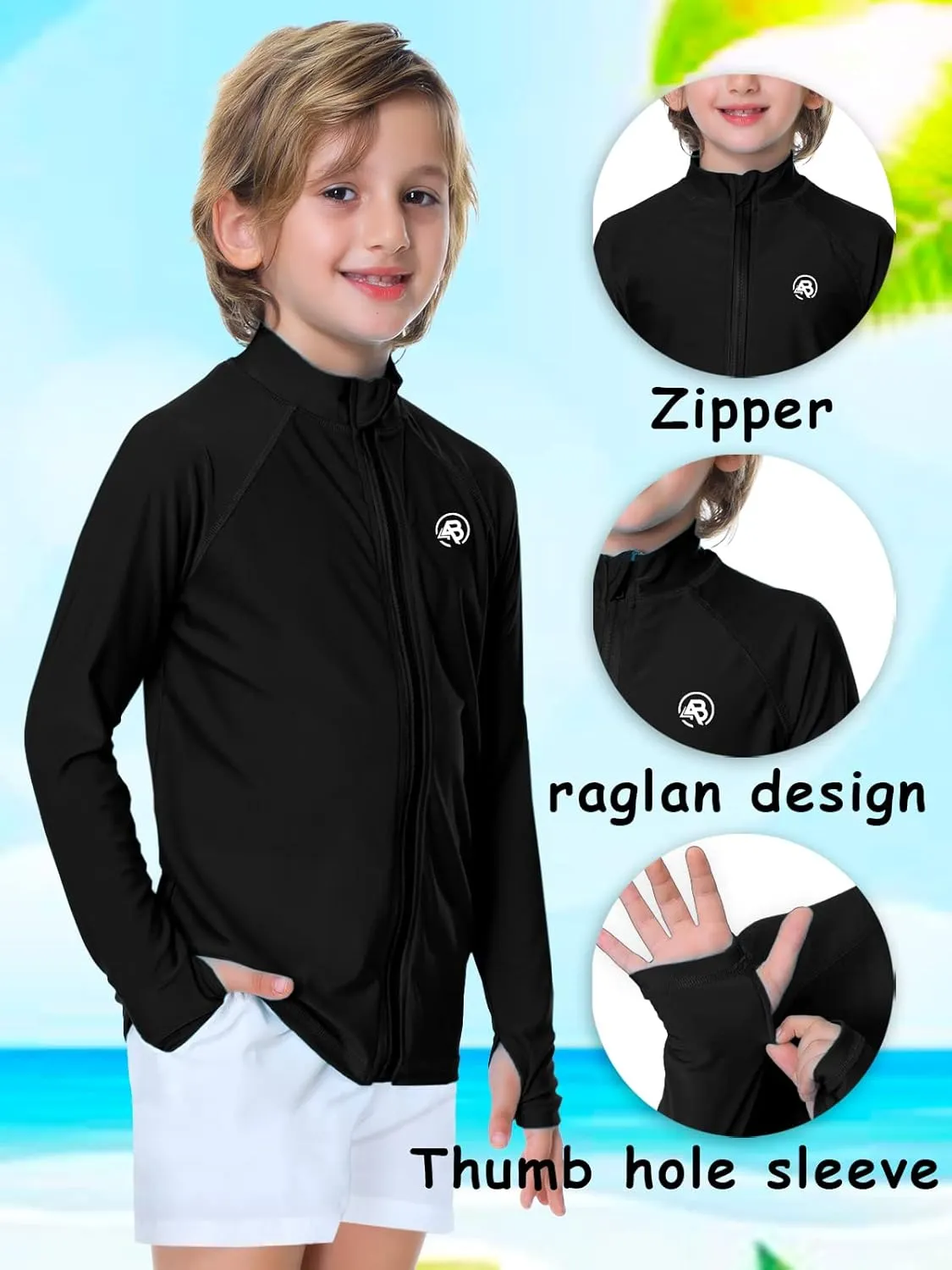 AOBUTE Unisex Kids Zipper Rash Guard Boys UPF 50  UV Protection Sun Shirt with Thumb Hole 3-12 Years