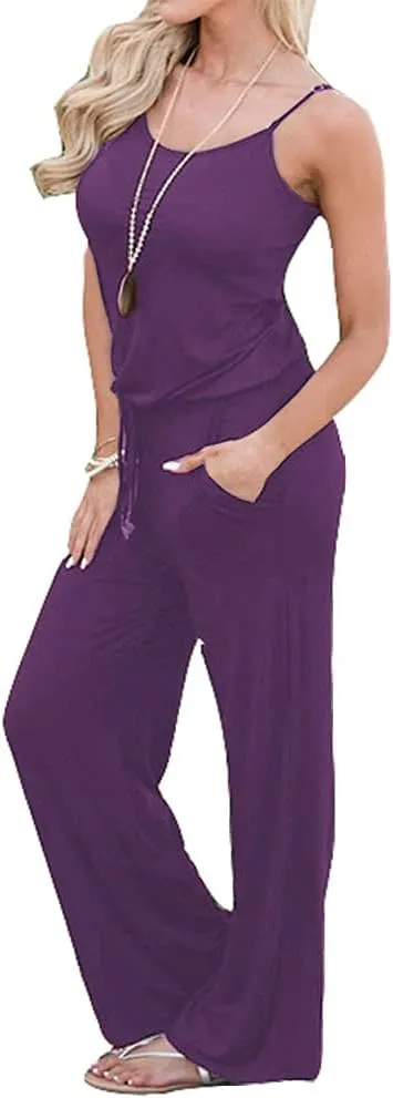 Artfish Women Casual Sleeveless Spaghetti Strap Striped Lounge Pajama Jumpsuit