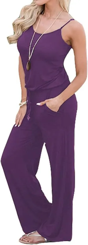 Artfish Women Casual Sleeveless Spaghetti Strap Striped Lounge Pajama Jumpsuit