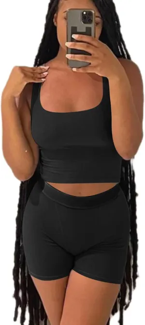AYWA Casual Workout Sets Two Piece Outfits for Women Ribbed Crop Tank Top High Waist Leggings Active Wear
