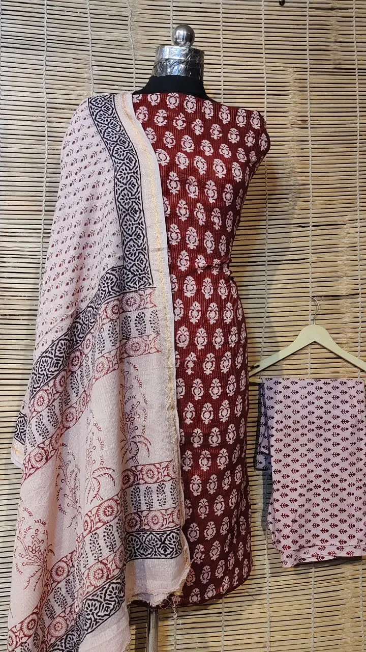 Bagh Print Cotton Dress Material with zari Border *