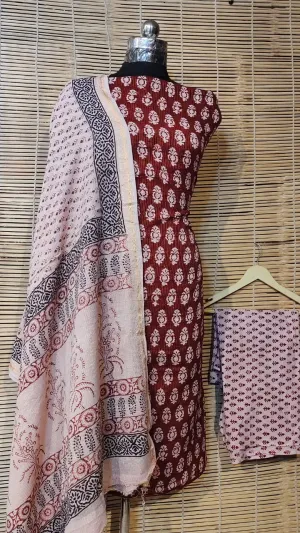 Bagh Print Cotton Dress Material with zari Border *