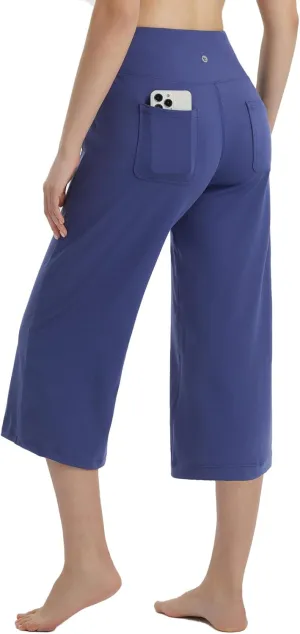 baleaf Women's Capri Pants Wide Leg Yoga Dress Capris High Waist Cropped Pants with Pockets Loose Lounge Travel Summer