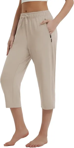 baleaf Womens Yoga Capri Pants with Zipper Pockets Summer Drawstring Capris Joggers Lounge Crop 19"