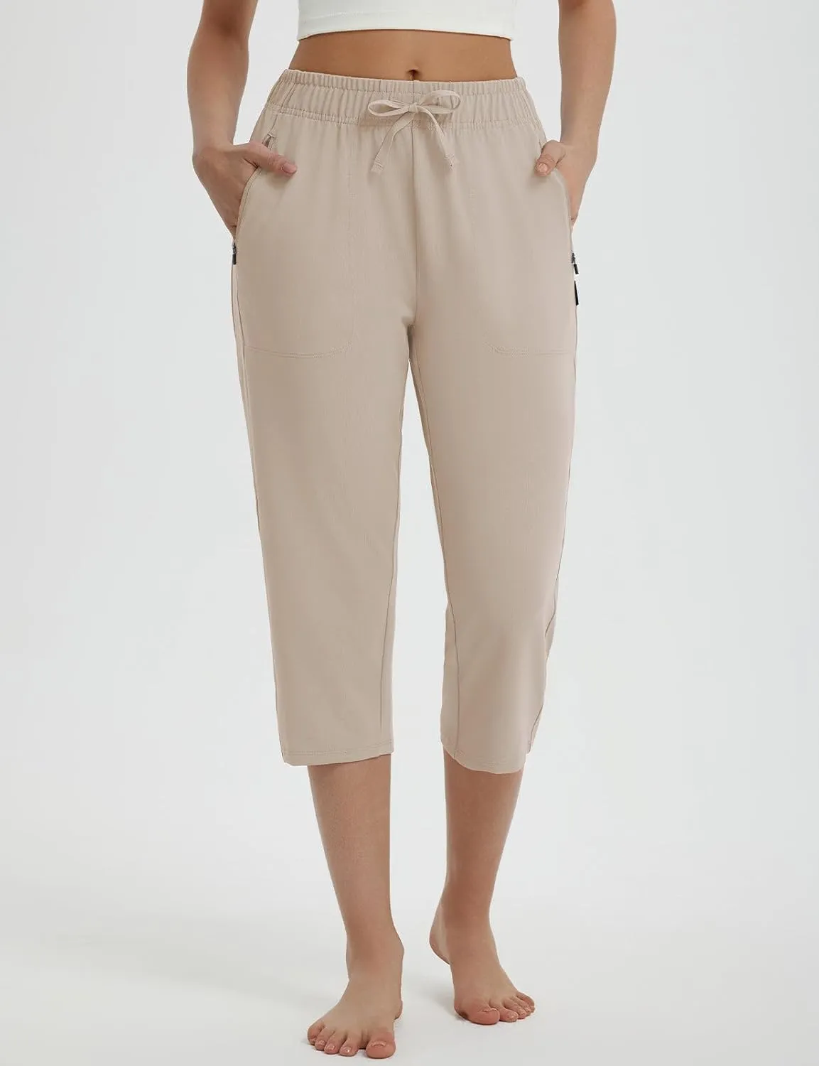 baleaf Womens Yoga Capri Pants with Zipper Pockets Summer Drawstring Capris Joggers Lounge Crop 19"