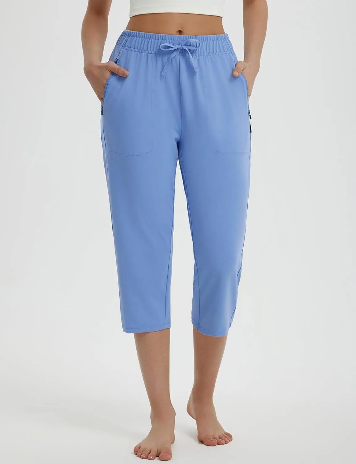 baleaf Womens Yoga Capri Pants with Zipper Pockets Summer Drawstring Capris Joggers Lounge Crop 19"