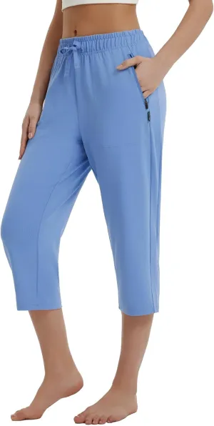 baleaf Womens Yoga Capri Pants with Zipper Pockets Summer Drawstring Capris Joggers Lounge Crop 19"