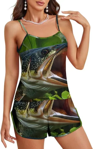 Bass Fish Print Pajamas for Women Set Tank Top Pjs And Shorts Sleepwear Loungewear Sets