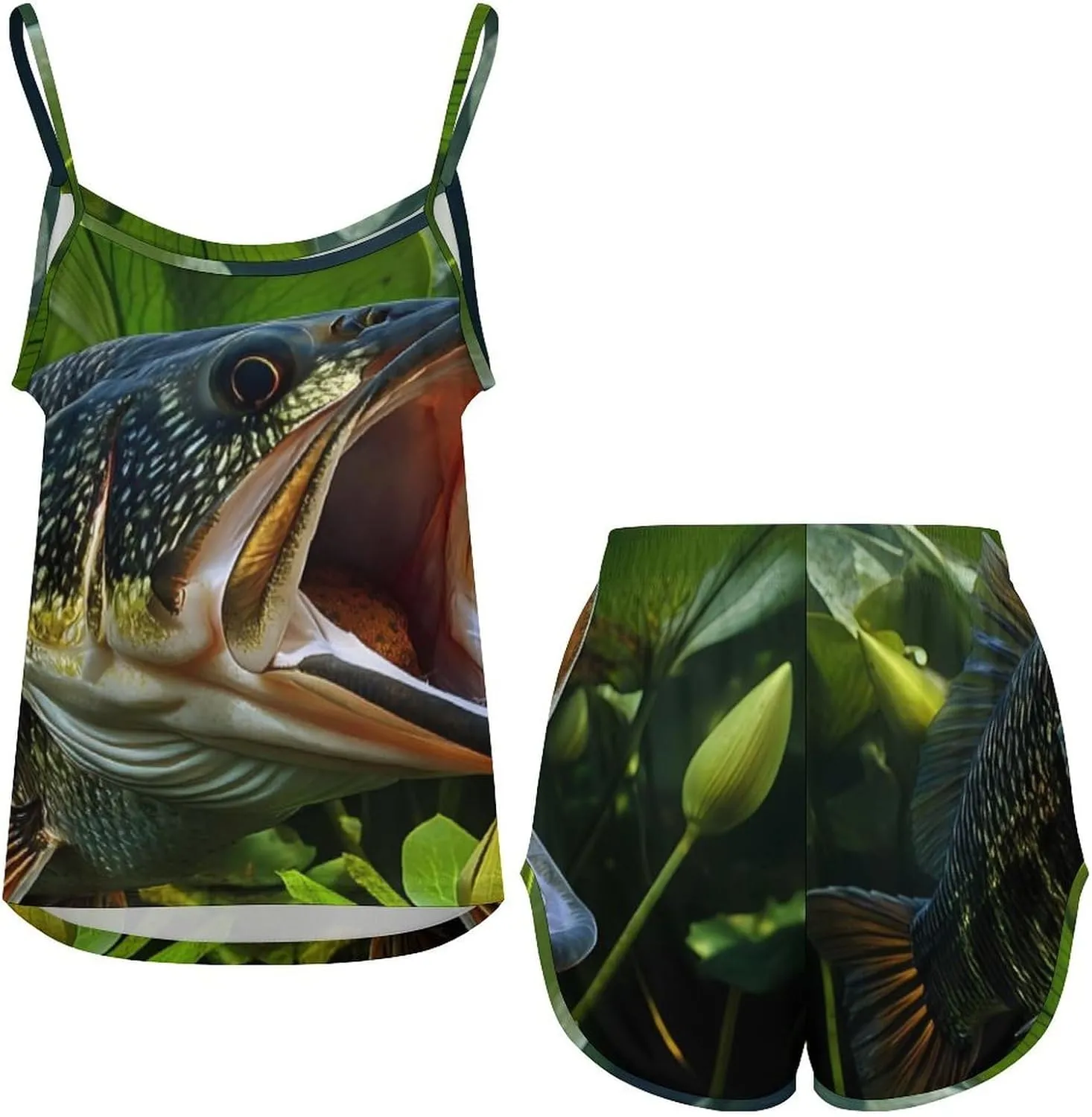 Bass Fish Print Pajamas for Women Set Tank Top Pjs And Shorts Sleepwear Loungewear Sets