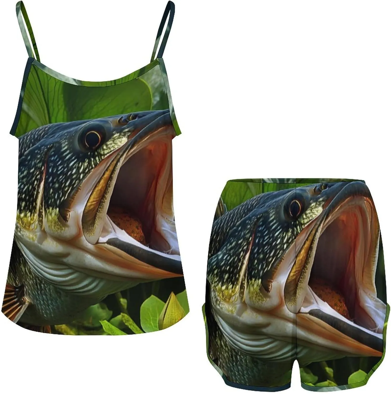 Bass Fish Print Pajamas for Women Set Tank Top Pjs And Shorts Sleepwear Loungewear Sets