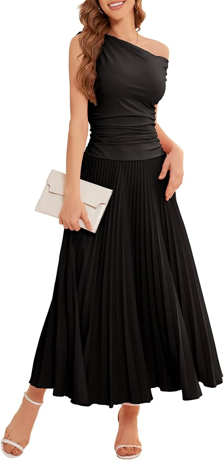 Bbonlinedress Formal Maxi Prom One Shoulder Pleated Cocktail Dress Women Wedding Guest Summer Daily Long Party Dresses