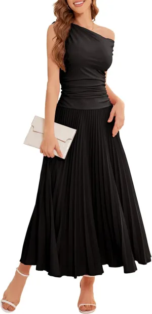 Bbonlinedress Formal Maxi Prom One Shoulder Pleated Cocktail Dress Women Wedding Guest Summer Daily Long Party Dresses