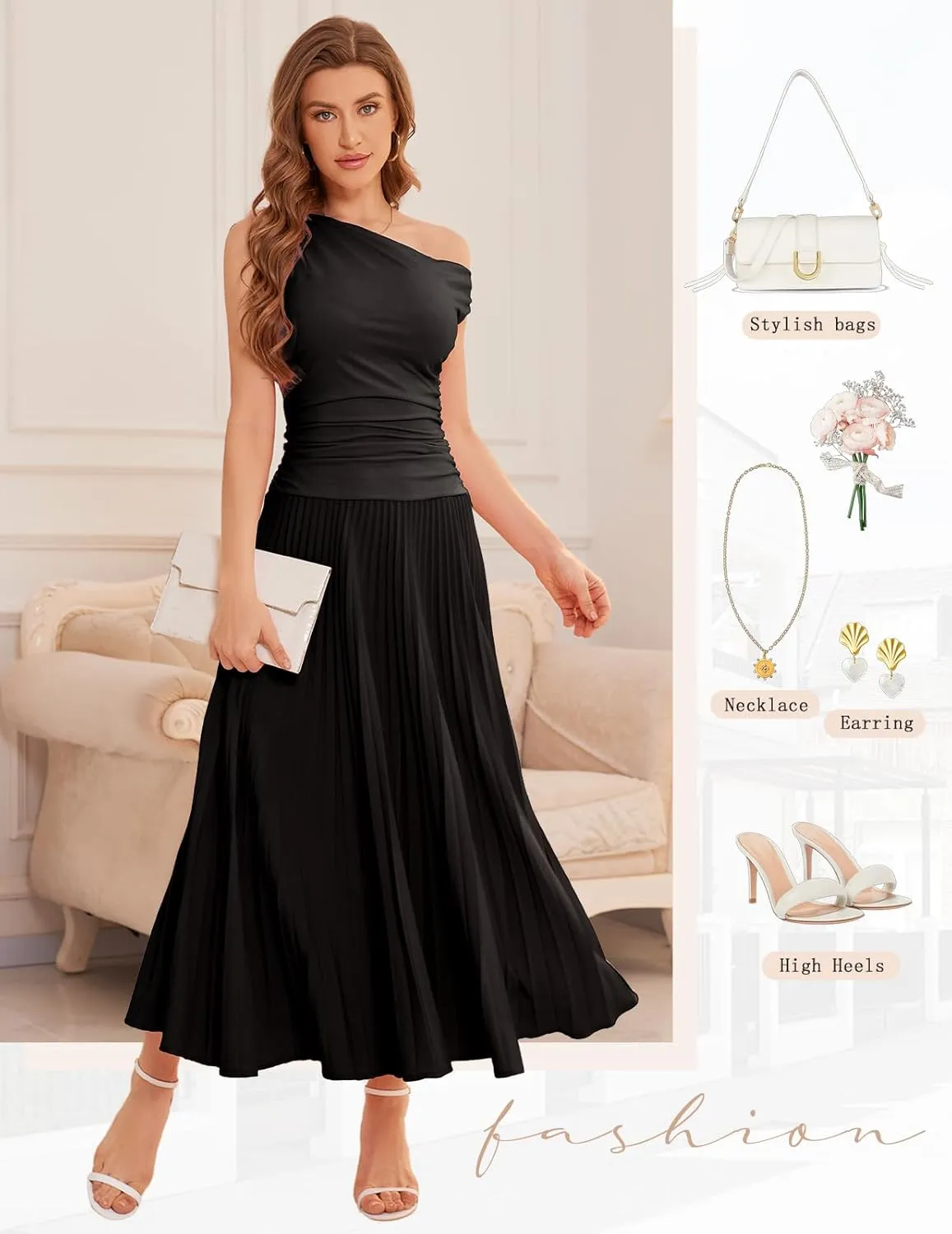 Bbonlinedress Formal Maxi Prom One Shoulder Pleated Cocktail Dress Women Wedding Guest Summer Daily Long Party Dresses