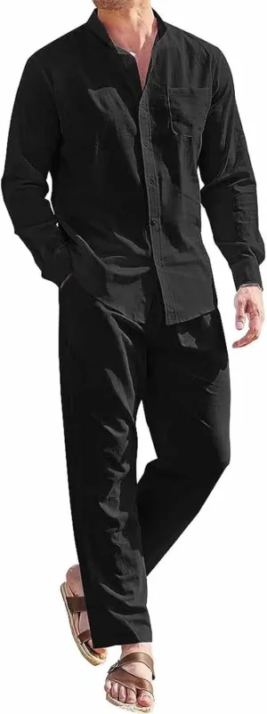 BDAILKA Men's 2 Piece Linen Sets Button Down Shirt Long Sleeve Casual Drawstring Waist Pants Set Tracksuit