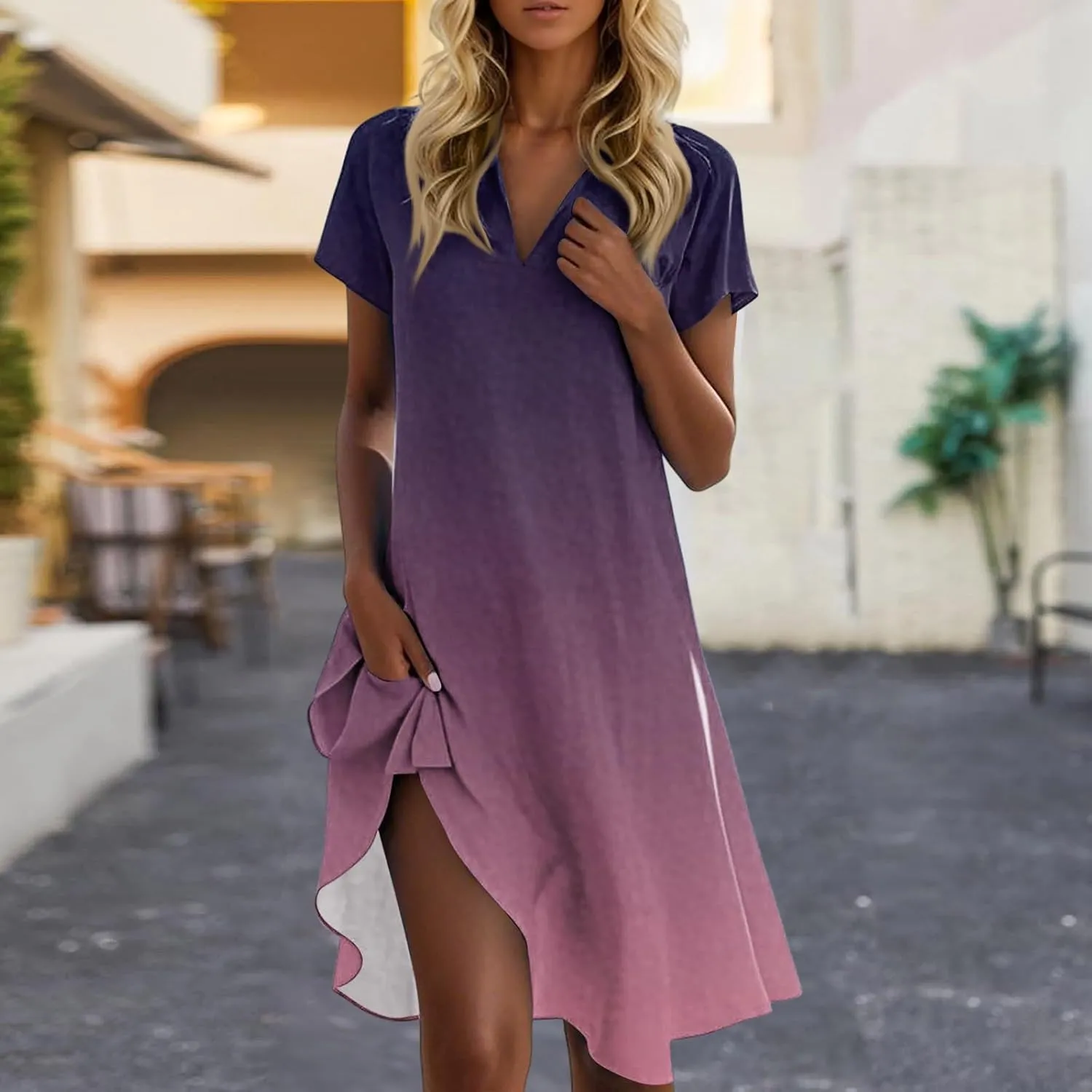 Beach Vacation Clothes for Women Womens Summer Dresses Trendy 2025 V-Neck Short Sleeve Sundress Novelty Dress