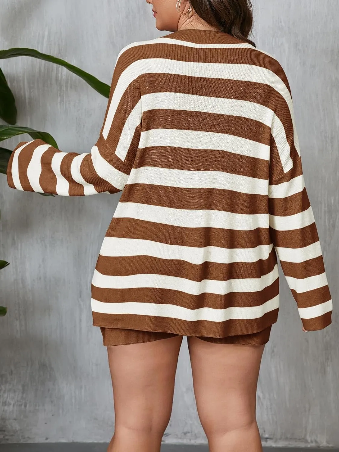 Beautife Womens Plus Size Lounge Sets Striped Knit 2 Piece Sweater Set Long Sleeve Tops and Shorts Oversized Outfits