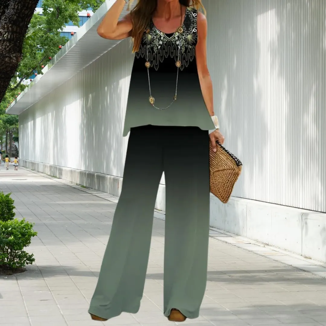 Bengbobar Women's 2 Piece Outfits Summer Boho Floral Sleeveless Crewneck Tank Tops and Wide Leg Pants Set Vacation