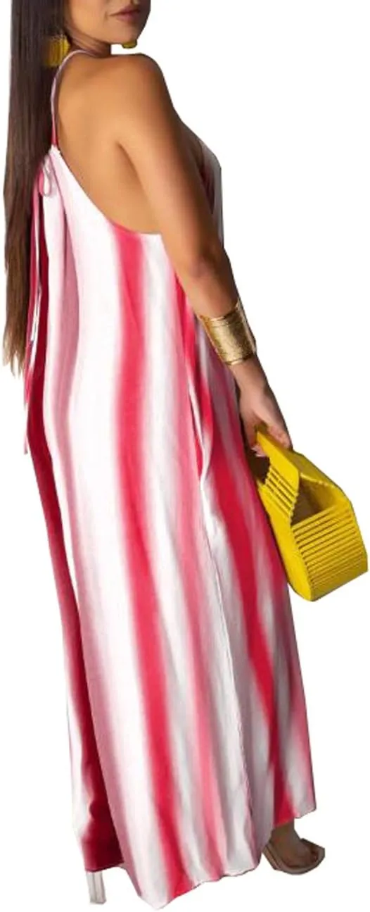 BestGirl Women's Casual Loose Plus Size Jumpsuits Stripe Print Spaghetti Strap Wide Leg Pants with Pockets