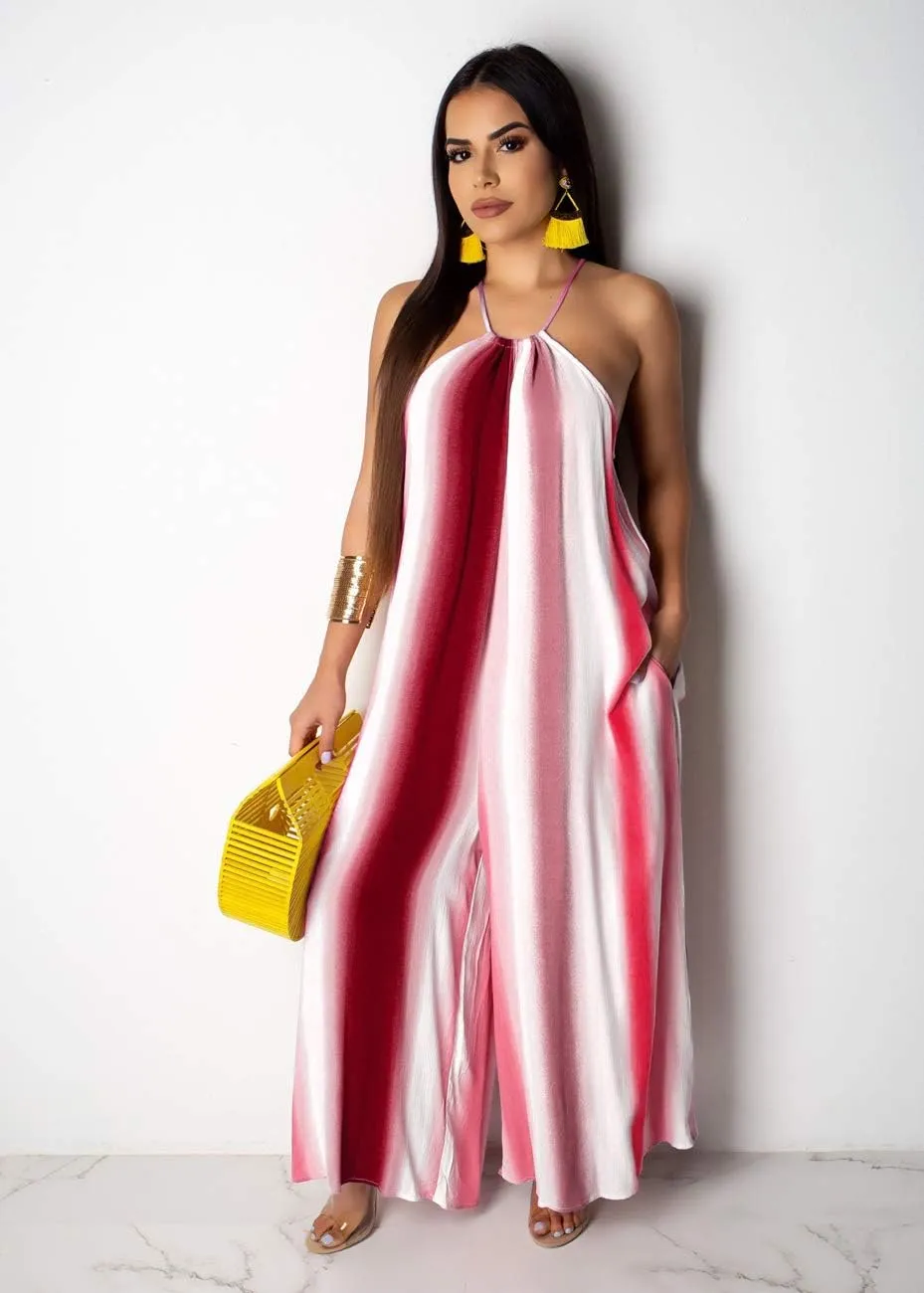 BestGirl Women's Casual Loose Plus Size Jumpsuits Stripe Print Spaghetti Strap Wide Leg Pants with Pockets