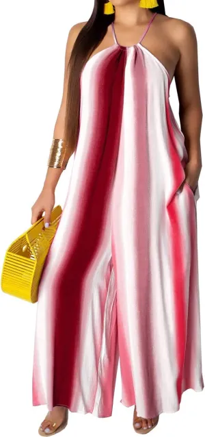 BestGirl Women's Casual Loose Plus Size Jumpsuits Stripe Print Spaghetti Strap Wide Leg Pants with Pockets