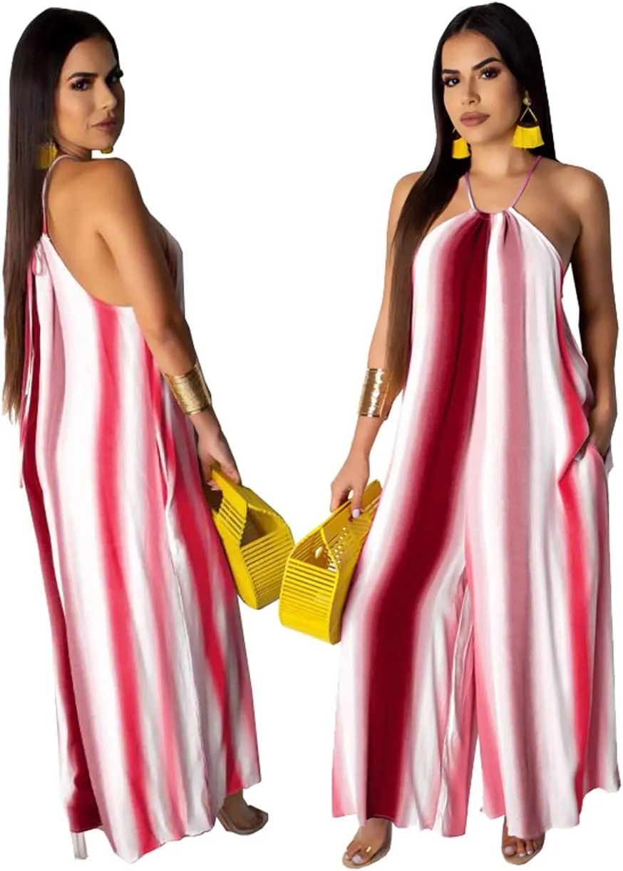 BestGirl Women's Casual Loose Plus Size Jumpsuits Stripe Print Spaghetti Strap Wide Leg Pants with Pockets