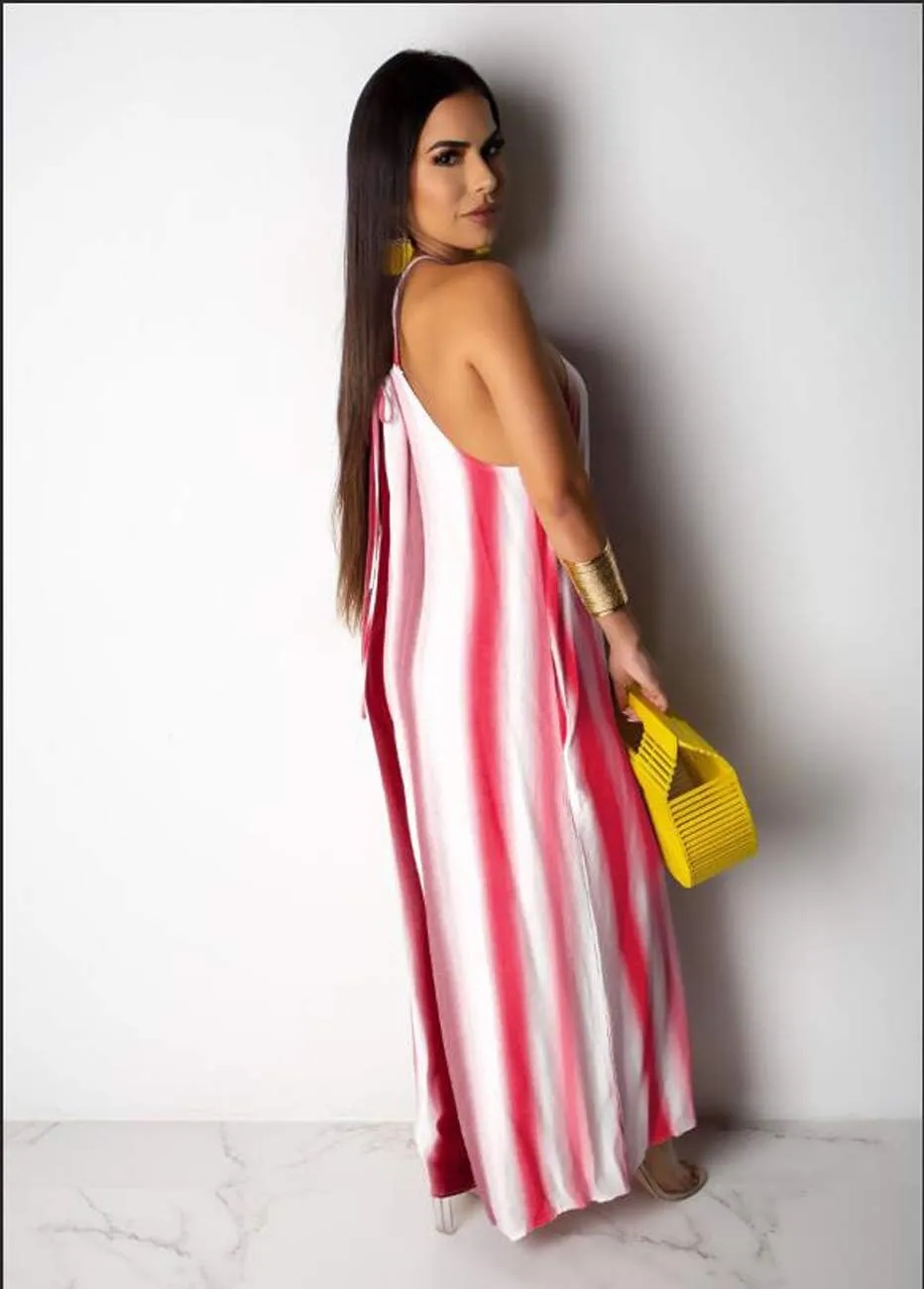 BestGirl Women's Casual Loose Plus Size Jumpsuits Stripe Print Spaghetti Strap Wide Leg Pants with Pockets