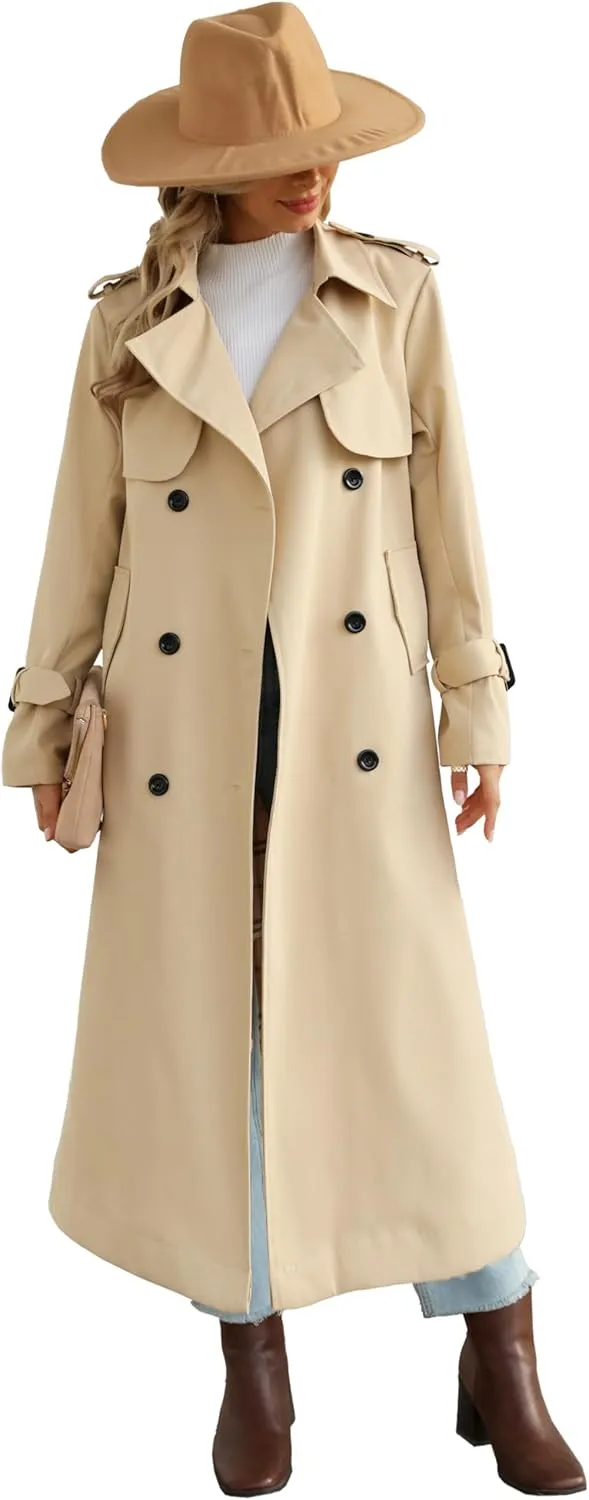 Betusline Women's Waterproof Long Trench Coat Double Breasted Lapel Duster Jacket Overcoat with Belt,S-2XL