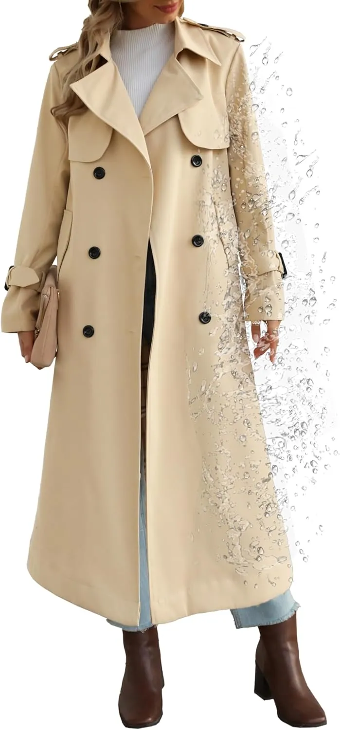 Betusline Women's Waterproof Long Trench Coat Double Breasted Lapel Duster Jacket Overcoat with Belt,S-2XL
