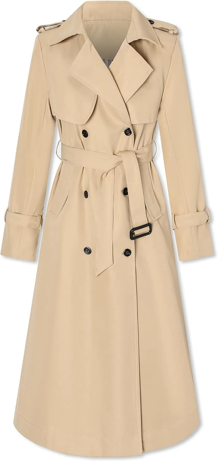 Betusline Women's Waterproof Long Trench Coat Double Breasted Lapel Duster Jacket Overcoat with Belt,S-2XL