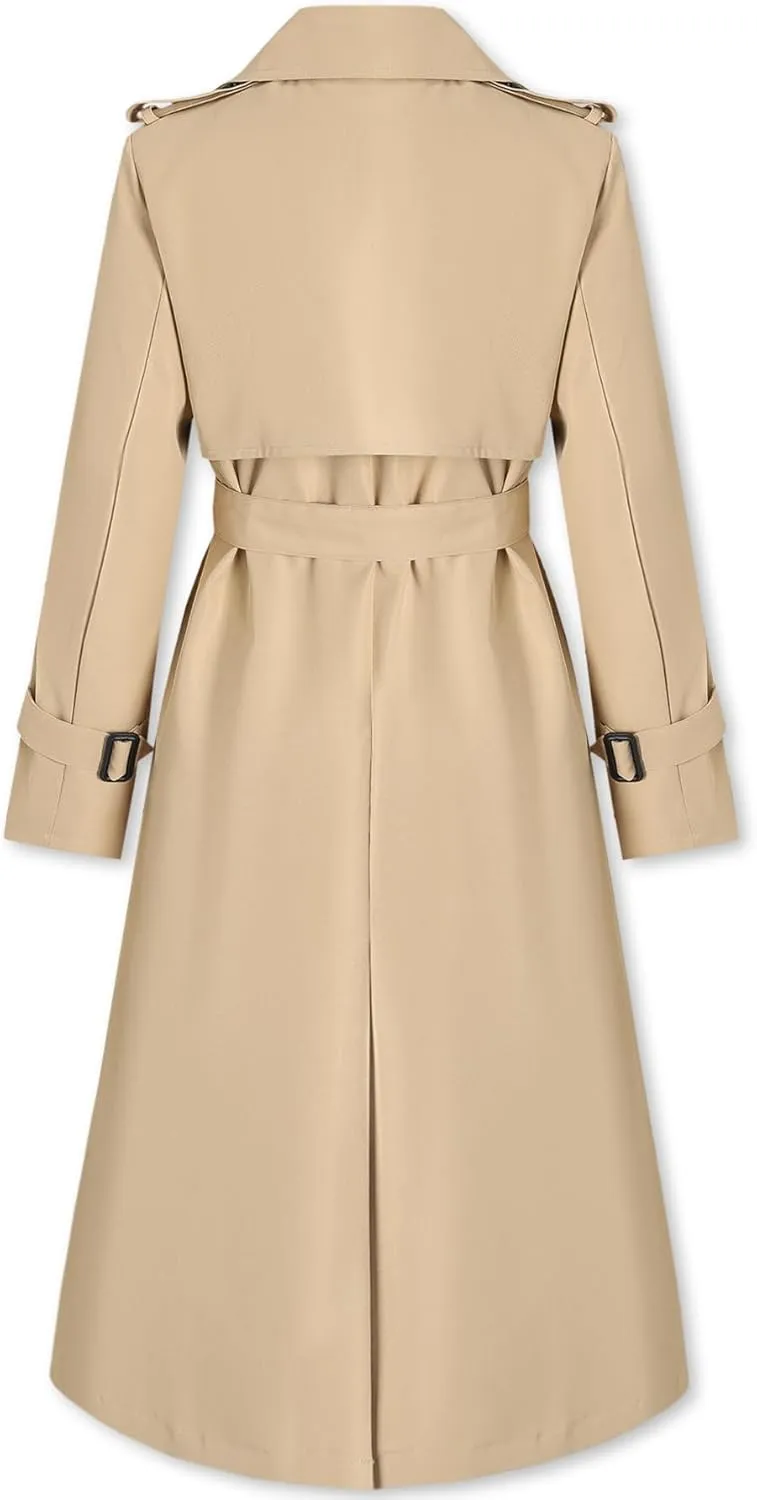 Betusline Women's Waterproof Long Trench Coat Double Breasted Lapel Duster Jacket Overcoat with Belt,S-2XL