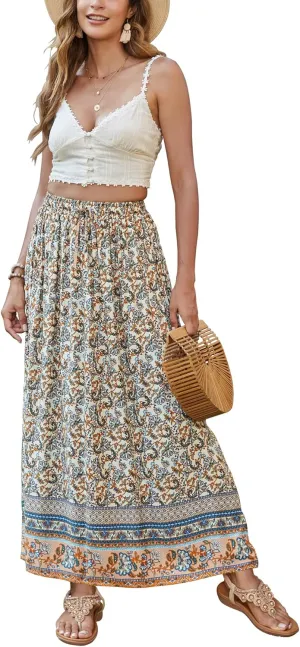 Bluetime Women Floral Print Long Skirt Boho Summer Pleated Elastic High Waisted Casual Maxi Skirt