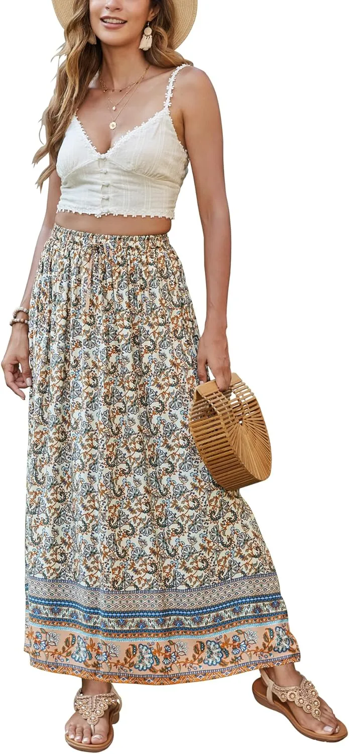 Bluetime Women Floral Print Long Skirt Boho Summer Pleated Elastic High Waisted Casual Maxi Skirt