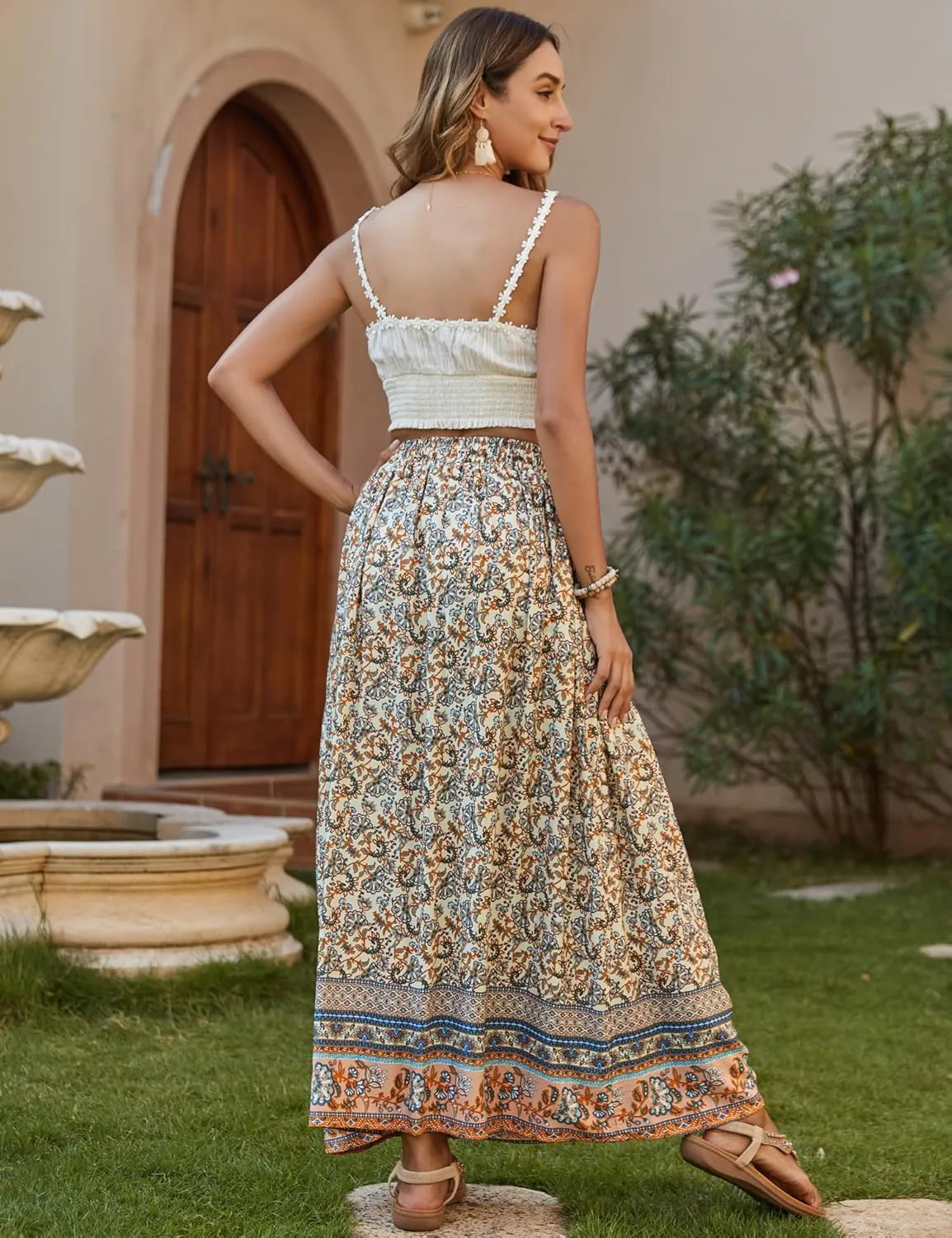 Bluetime Women Floral Print Long Skirt Boho Summer Pleated Elastic High Waisted Casual Maxi Skirt