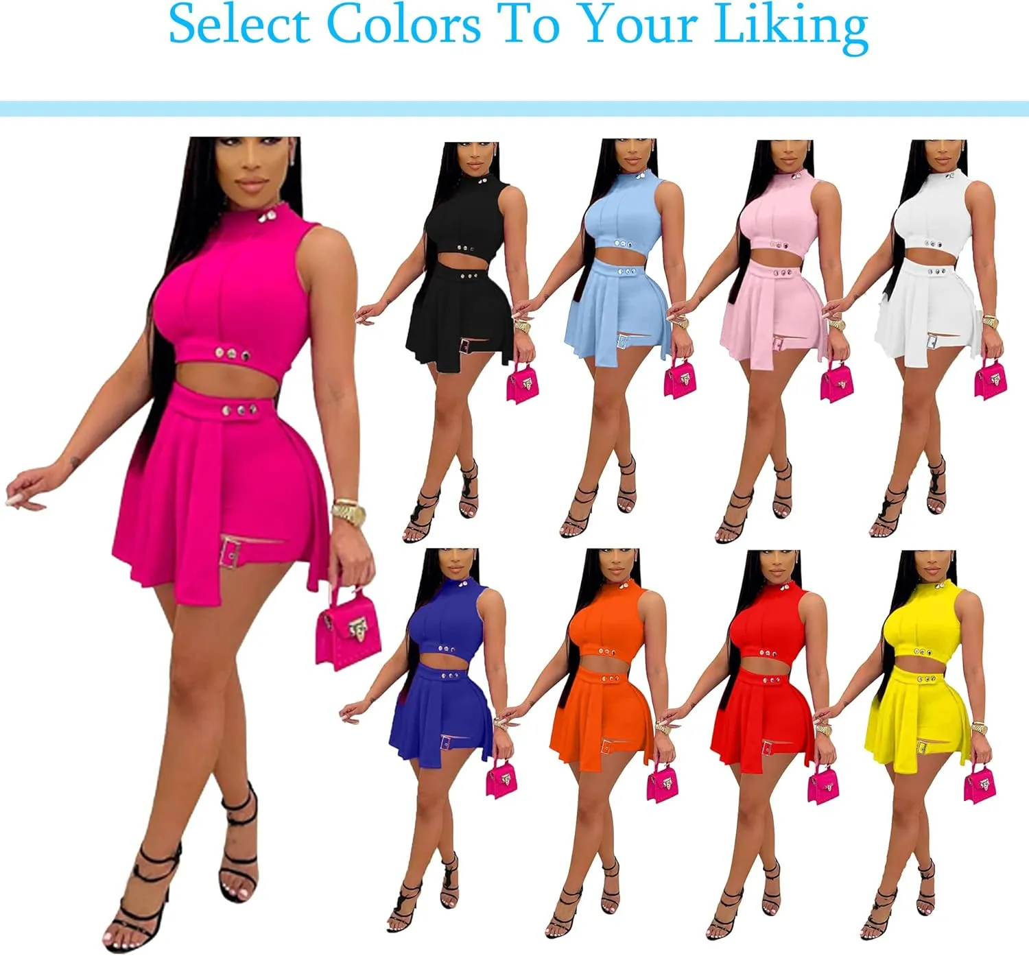 Bluewolfsea Womens Cute 2 Piece Outfits Summer Sleeveless Crop Top Pleated Mini Skirt Set Ruffle Shorts Set