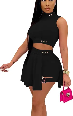 Bluewolfsea Womens Cute 2 Piece Outfits Summer Sleeveless Crop Top Pleated Mini Skirt Set Ruffle Shorts Set