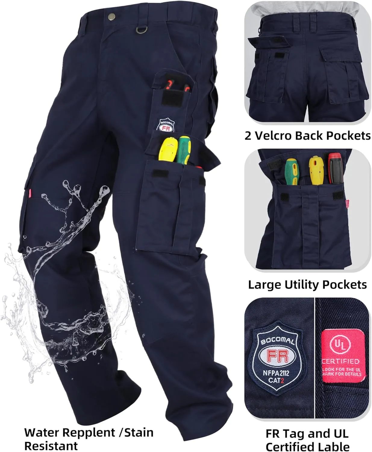 BOCOMAL FR Pants for Men Cargo Pockets Flame Resistant/Fire Retardant Elastic Waist Water & Oil Repellent Finish