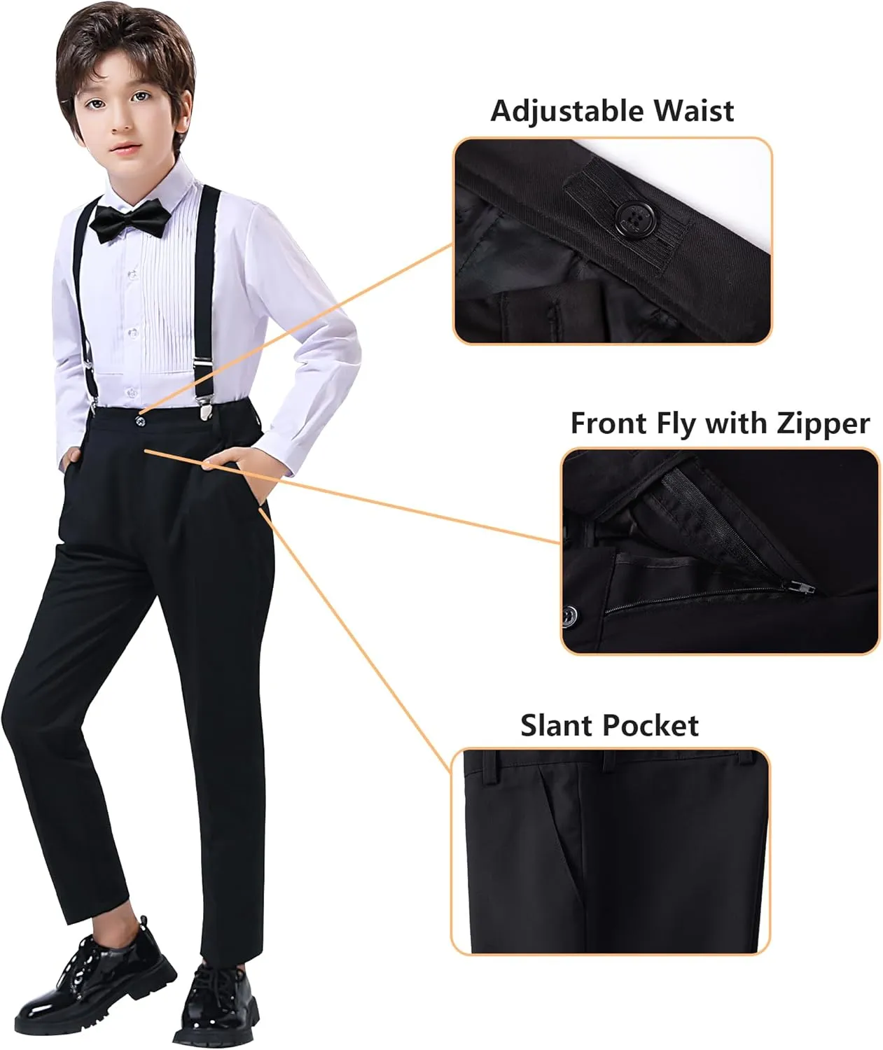 Boy's Formal Suit 7 Piece Slim Fit Tuxedo for Kids Teen Boys Jacket Vest and Pants Set for Wedding with Bow Tie Suspenders