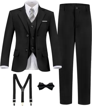 Boy's Formal Suit 7 Piece Slim Fit Tuxedo for Kids Teen Boys Jacket Vest and Pants Set for Wedding with Bow Tie Suspenders