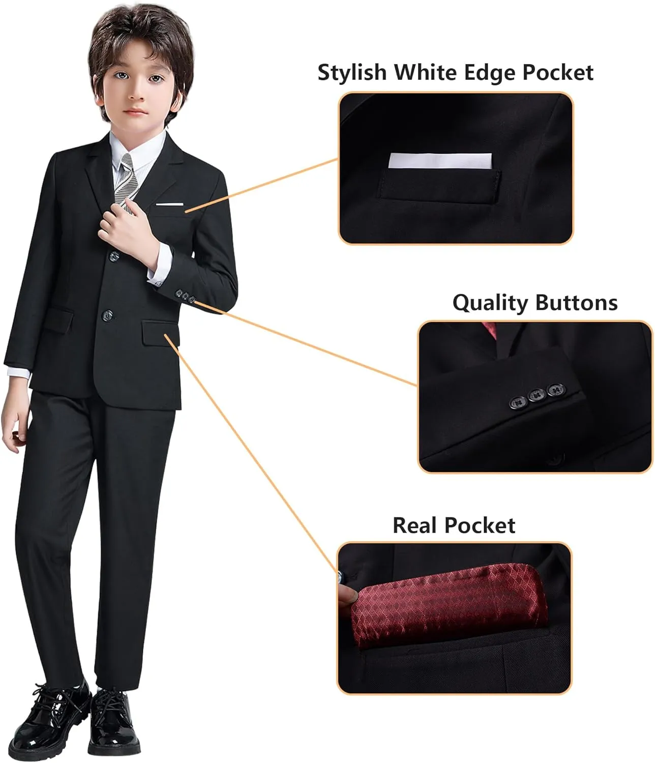 Boy's Formal Suit 7 Piece Slim Fit Tuxedo for Kids Teen Boys Jacket Vest and Pants Set for Wedding with Bow Tie Suspenders
