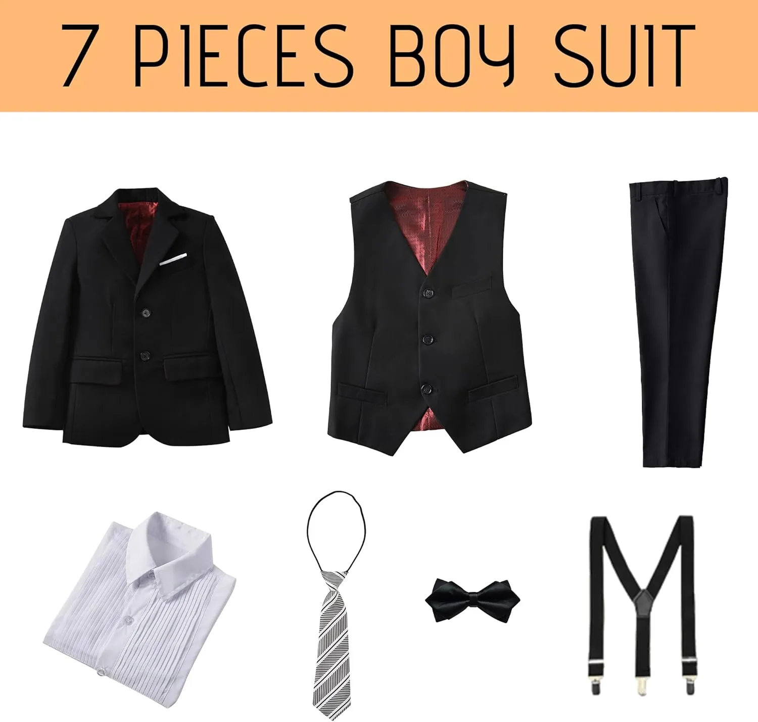 Boy's Formal Suit 7 Piece Slim Fit Tuxedo for Kids Teen Boys Jacket Vest and Pants Set for Wedding with Bow Tie Suspenders