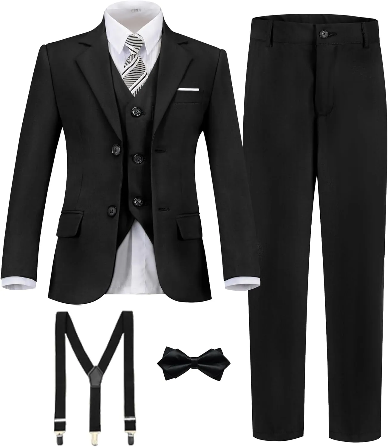 Boy's Formal Suit 7 Piece Slim Fit Tuxedo for Kids Teen Boys Jacket Vest and Pants Set for Wedding with Bow Tie Suspenders