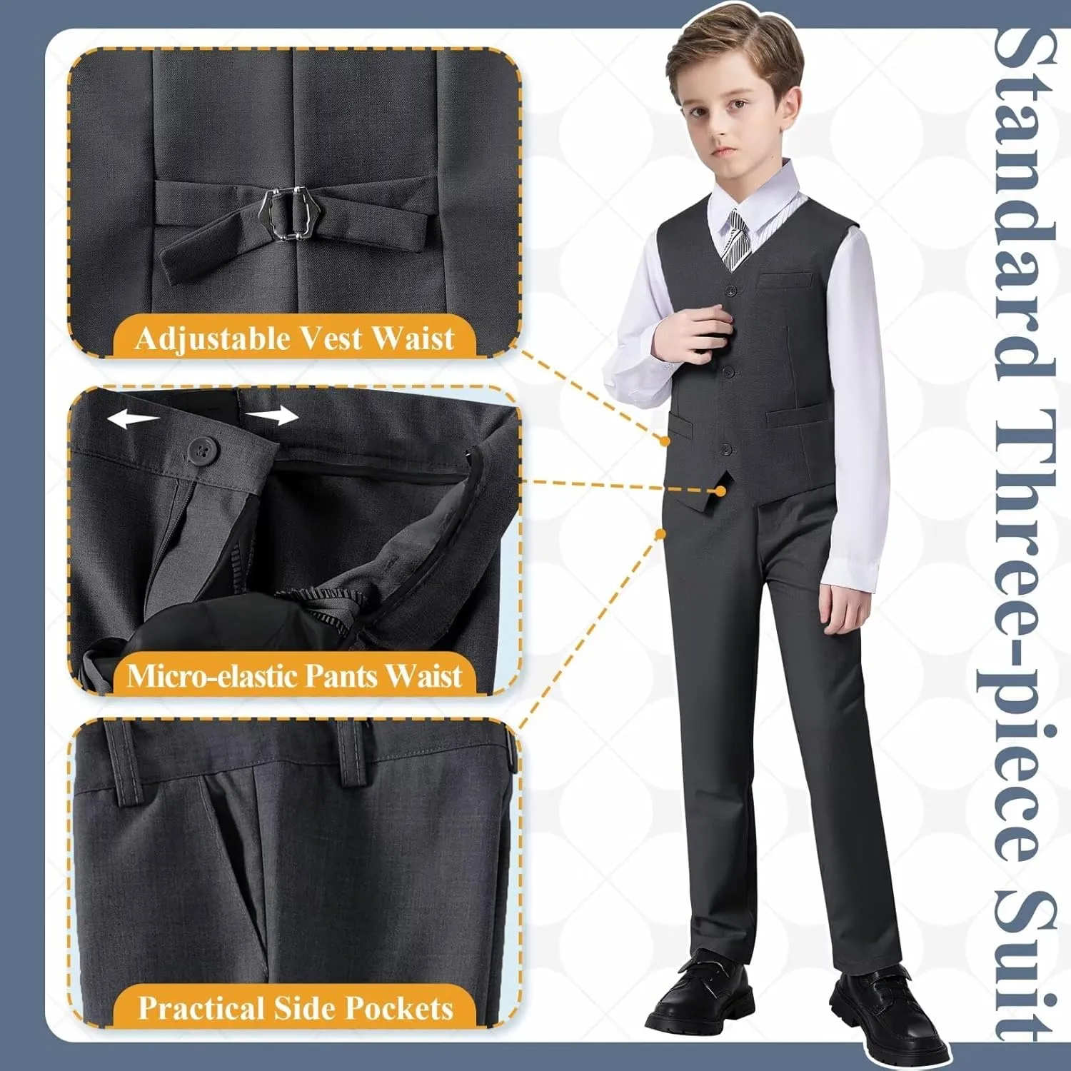 Boy's Suit Slim Fit Formal 3 Pieces Suit Set, Dress Suit Blazer Vest Pants, Kids Wedding Ring Bearer Outfit Size 2T-20