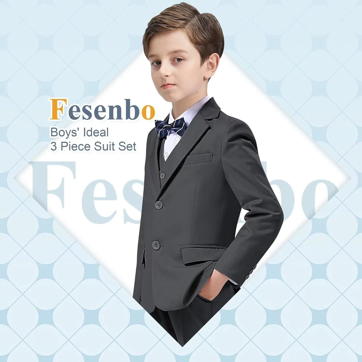 Boy's Suit Slim Fit Formal 3 Pieces Suit Set, Dress Suit Blazer Vest Pants, Kids Wedding Ring Bearer Outfit Size 2T-20
