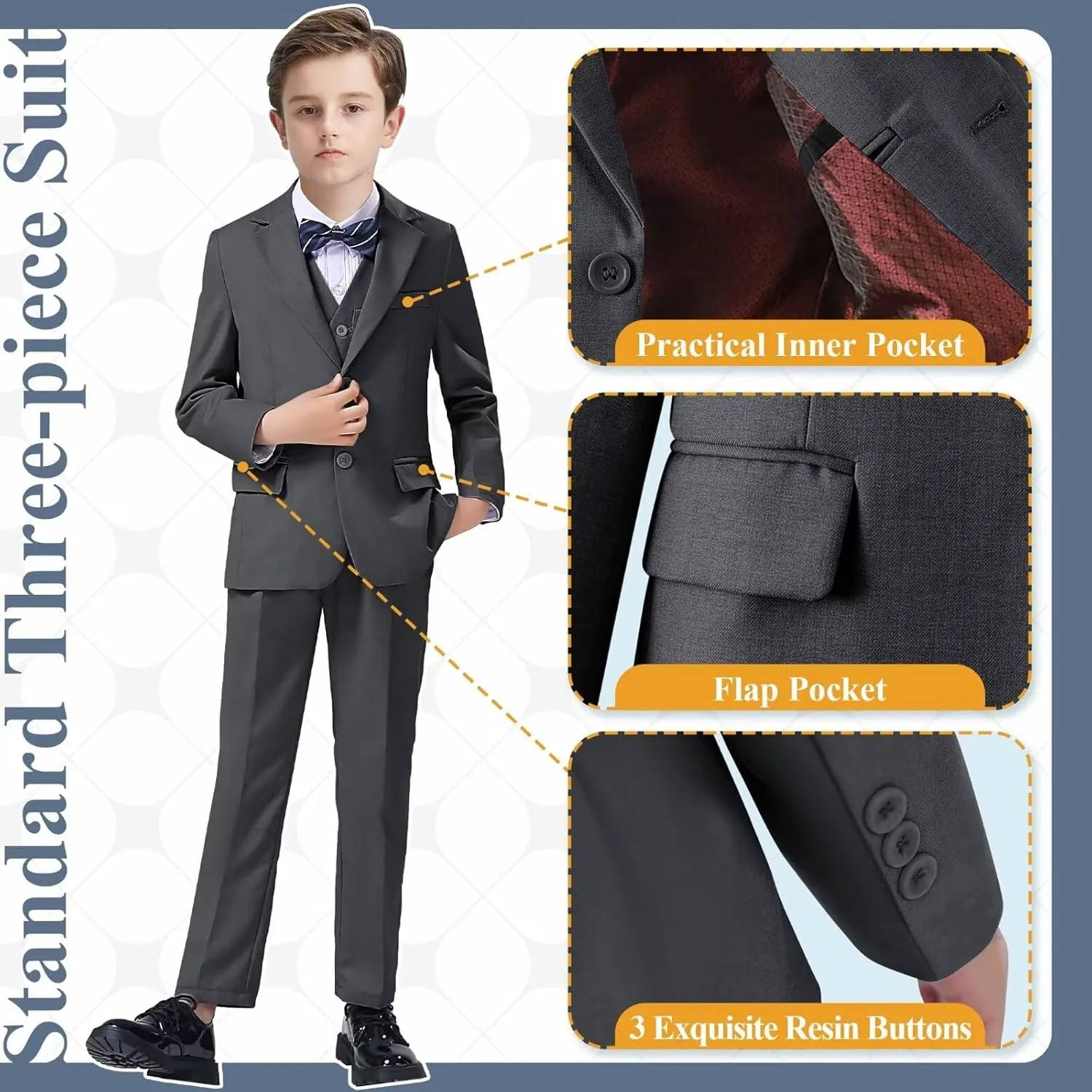 Boy's Suit Slim Fit Formal 3 Pieces Suit Set, Dress Suit Blazer Vest Pants, Kids Wedding Ring Bearer Outfit Size 2T-20