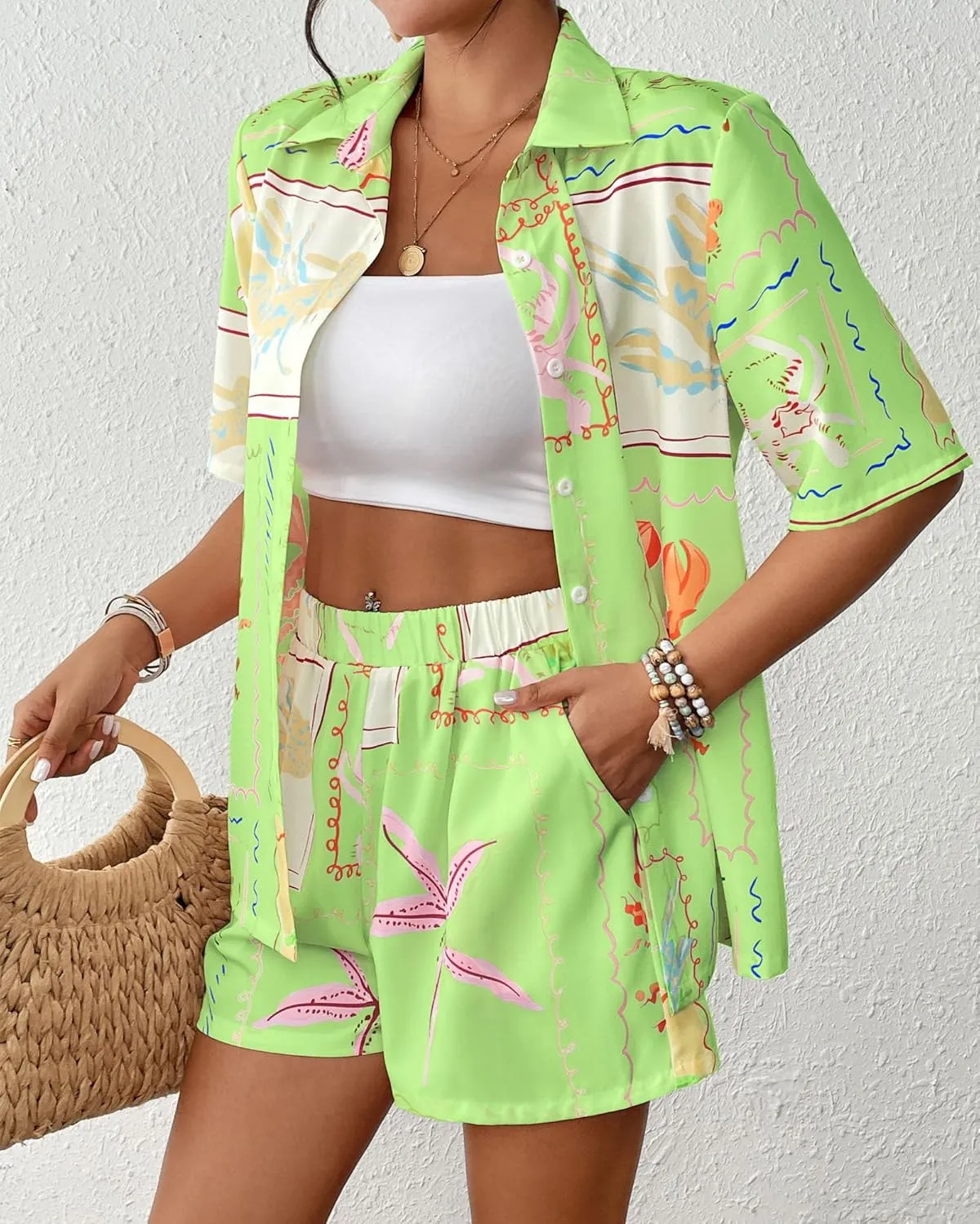 Bsubseach 2 Piece Short Sets for Women Tropical Printed Short Sleeve Button Down Shirt and Shorts Summer Beach Vacation Set