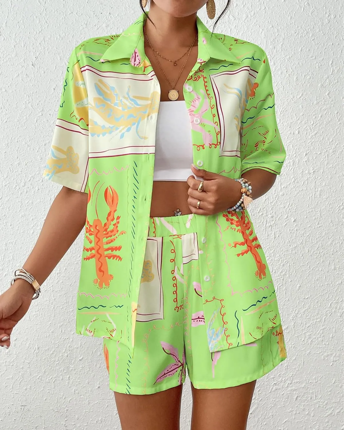 Bsubseach 2 Piece Short Sets for Women Tropical Printed Short Sleeve Button Down Shirt and Shorts Summer Beach Vacation Set