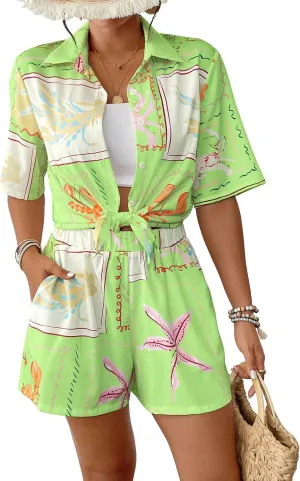 Bsubseach 2 Piece Short Sets for Women Tropical Printed Short Sleeve Button Down Shirt and Shorts Summer Beach Vacation Set